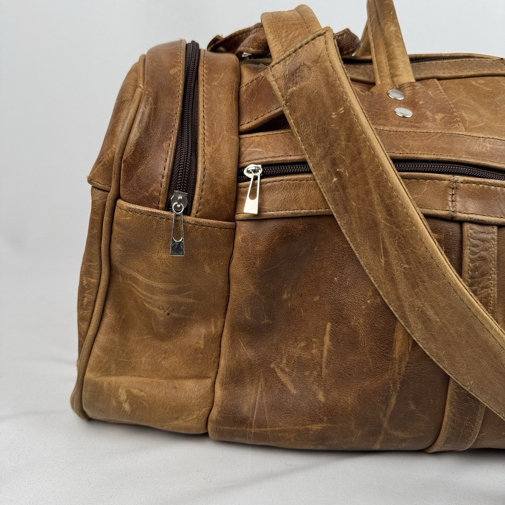 Vtg Tan Leather Duffle Bag Travel Weekender Gym Luggage Side Grab Handles 22" - Picture 4 of 13